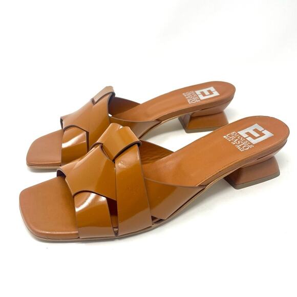 NEW EMANUELE CRASTO Square Toe Brown Leather Flat Slide Heel Sandals Women's 10 - Picture 2 of 8